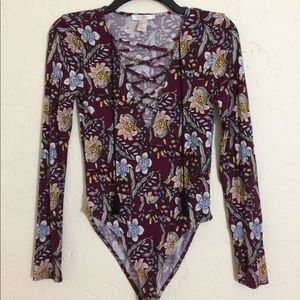 Floral Lace Up Long Sleeve Bodysuit